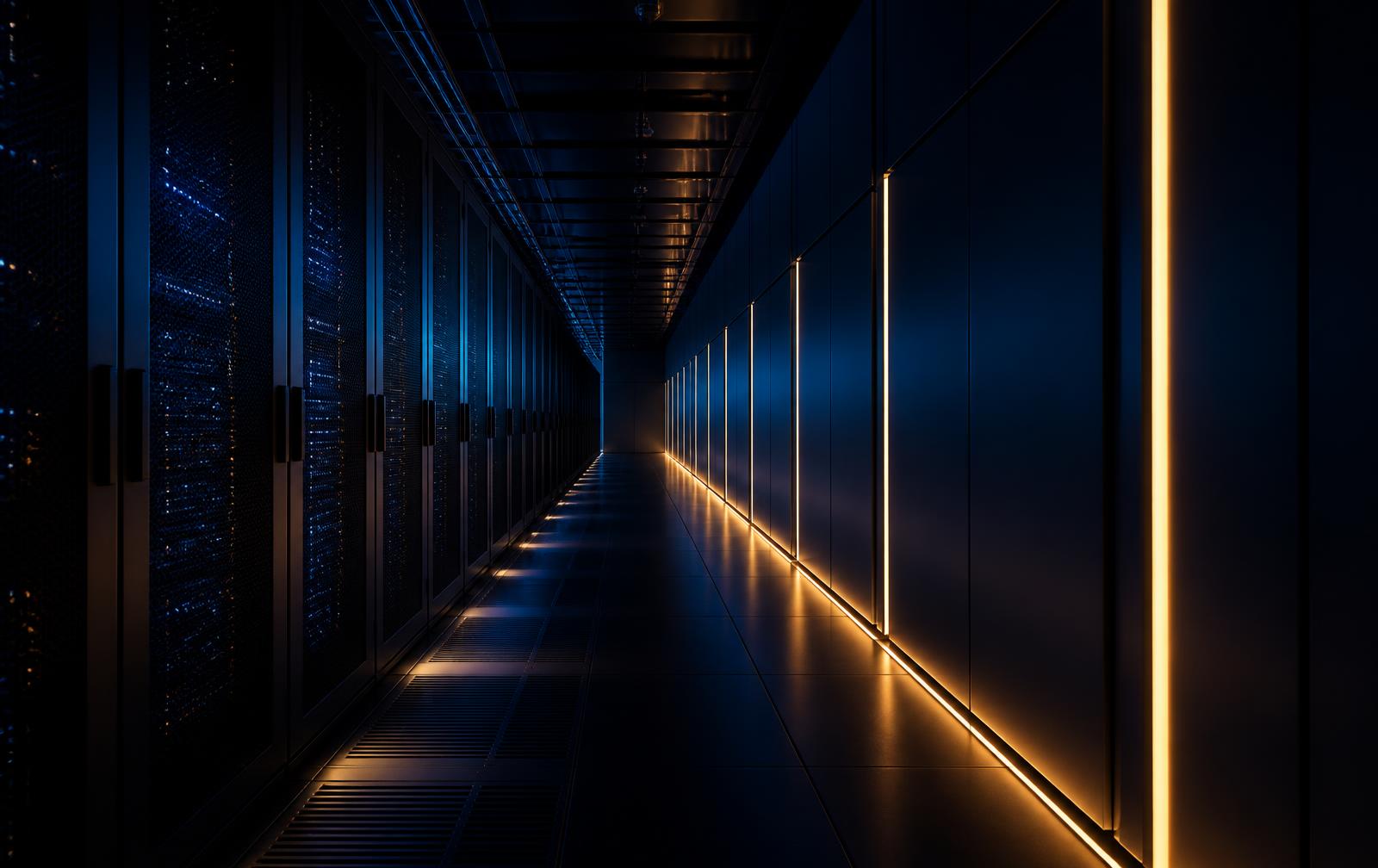 Dark data centre corridor lit by warm light strips